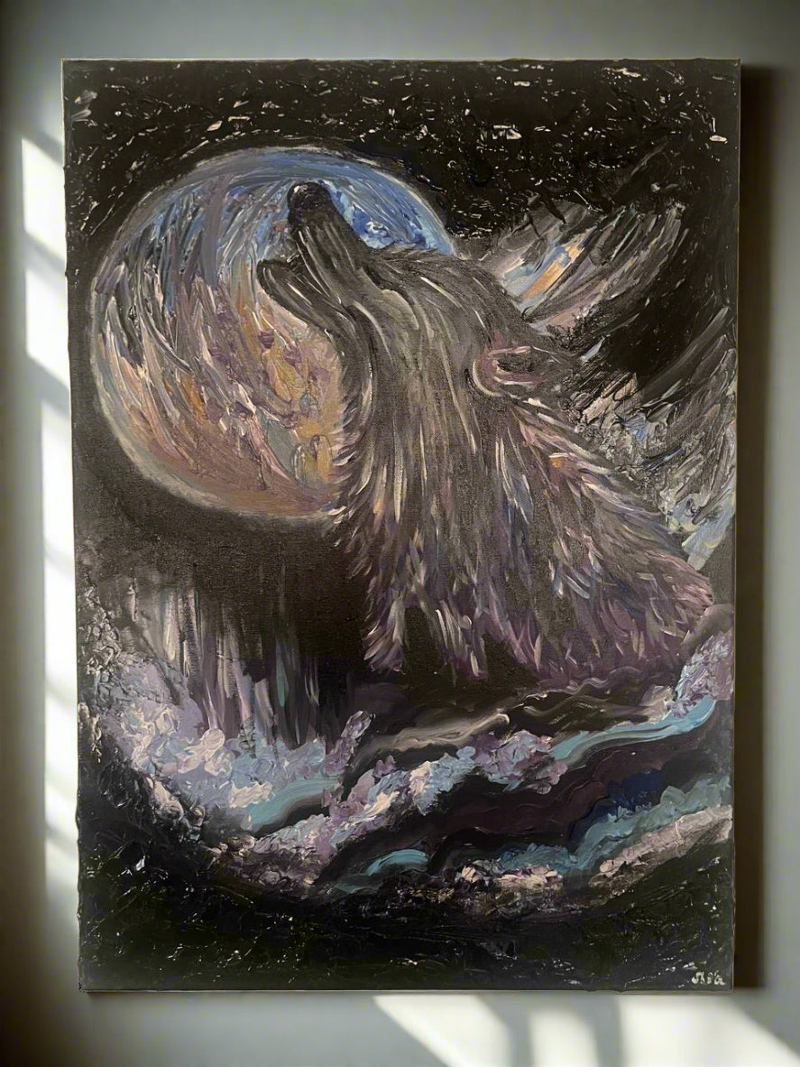 “Howl at the Moon” – Original Wolf Painting on Canvas (70*50 cm)